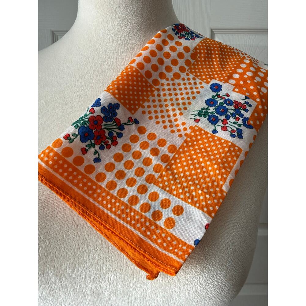 Vintage Italian Floral Polka Dot Patchwork Design‎ Scarf Orange White 19x19